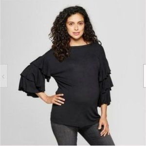 BLACK Tiered Flounce Sleeve Knit Top Blouse-74-425